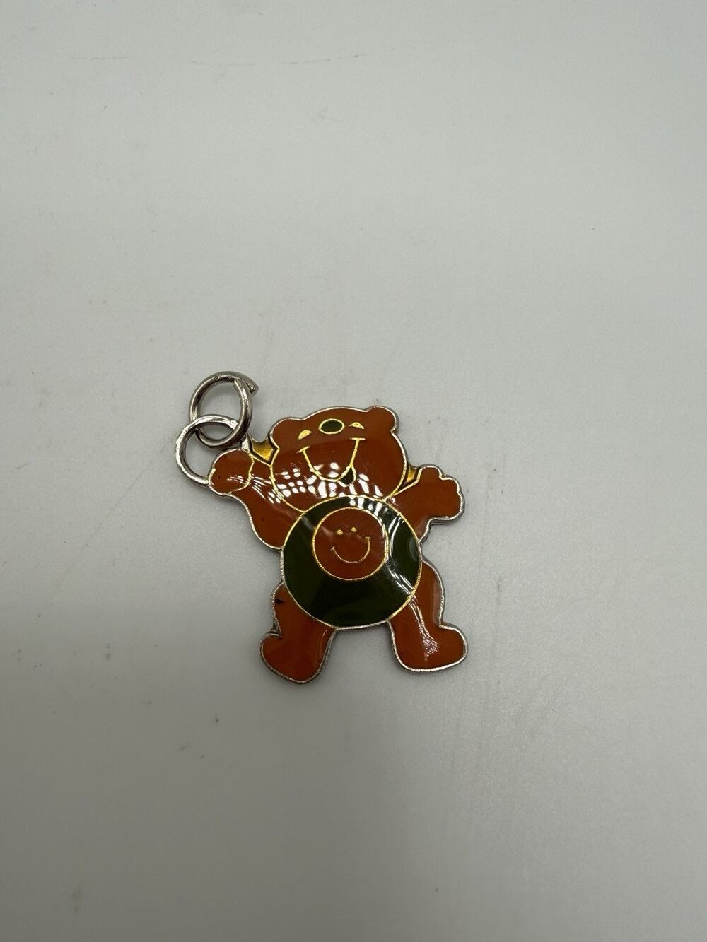 Vintage 90s Y2K Happy Face Orange Teddy Bear Metal Enameled Pendant Charm